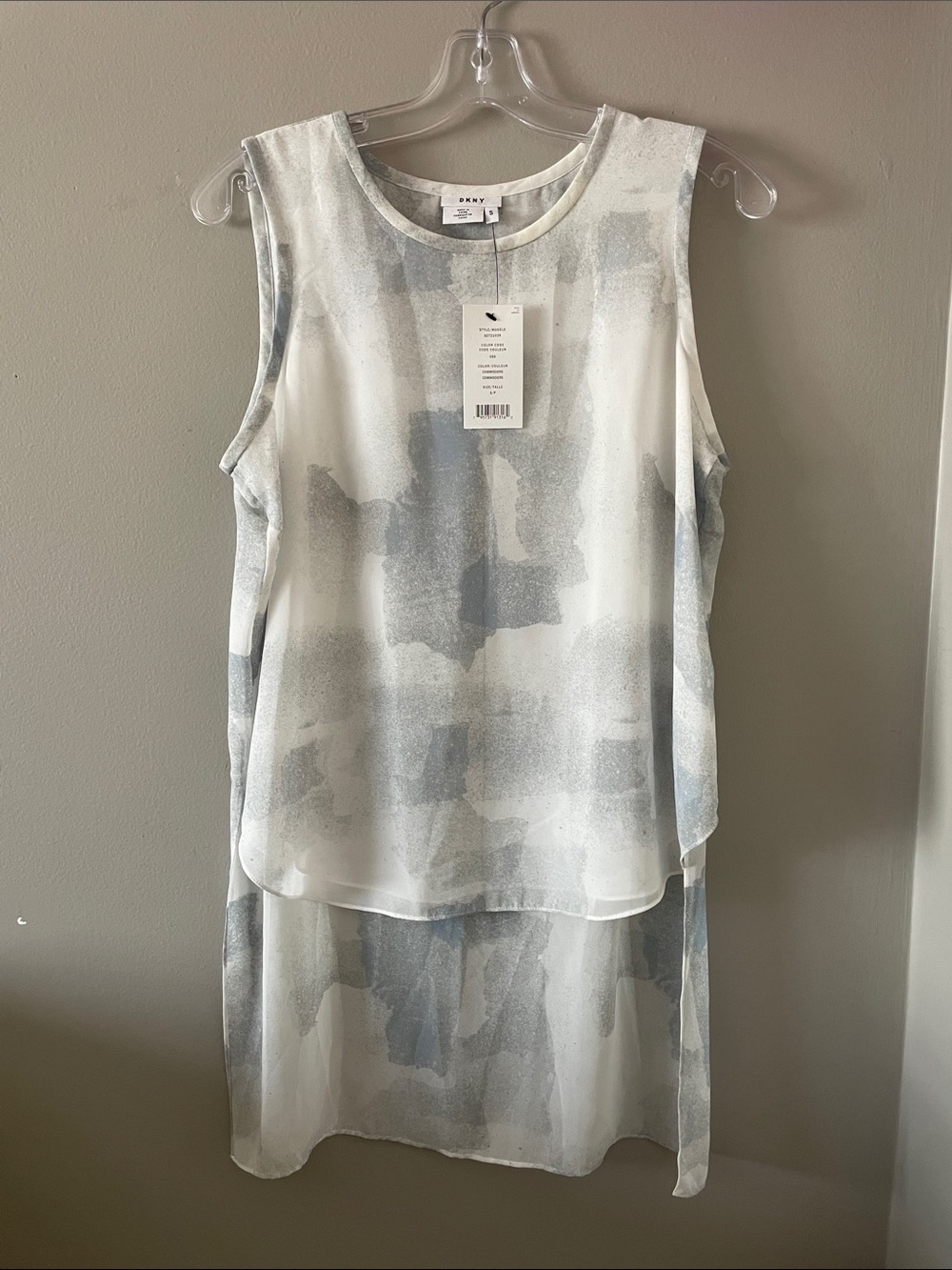 DKNY White and Light Blue-Grey Sheer Layered Hi-Low Tank